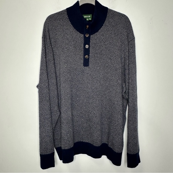 Orvis Navy Gray 100% Cashmere Button Mock Neck Herringbone Pullover Sweater XXL - Picture 1 of 10